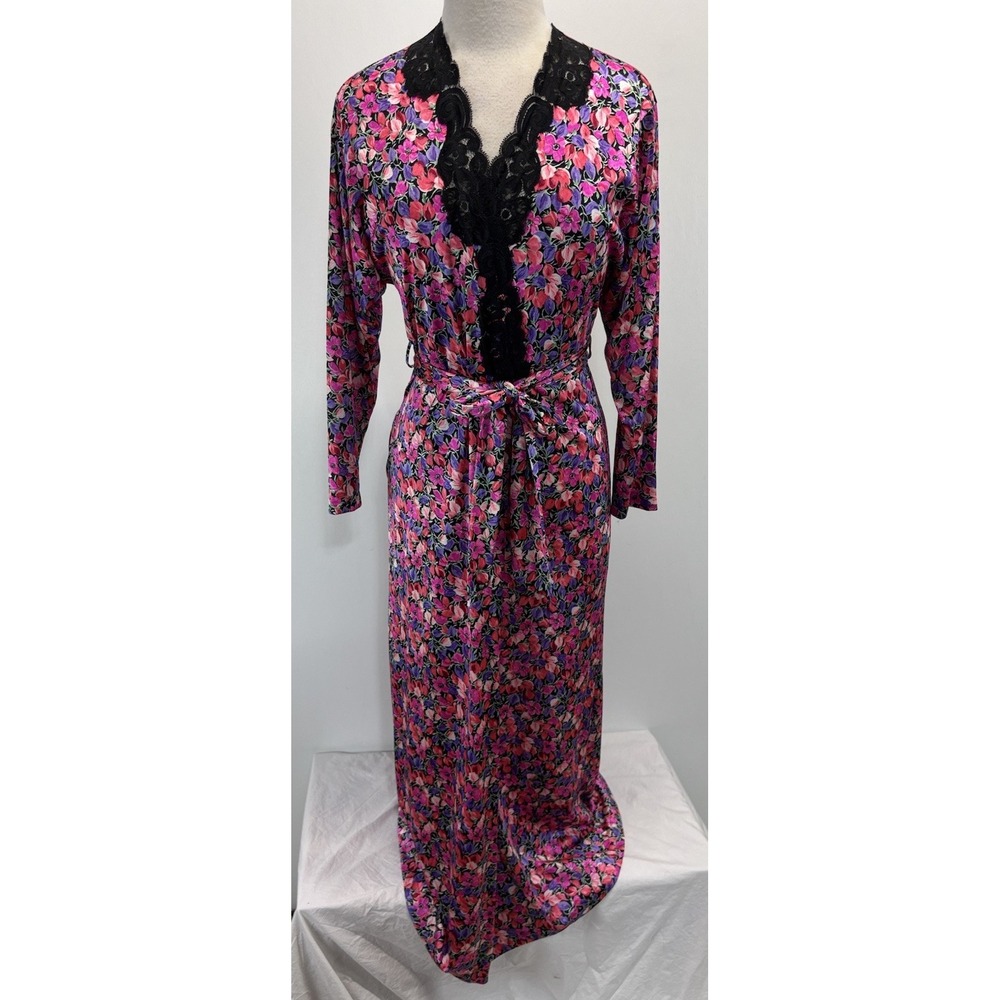 Vtg Vanity Fair Floral Nylon Robe Women's S Floor Length Belted Made USA 70s